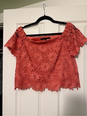 White House Black Market Coral Lace Off-Shoulder Crop Top
